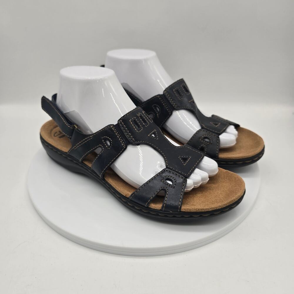 Clarks Leisa Lakelyn Leather Slingback Sandals Shoes Black SZ 9 Comfort Cushion